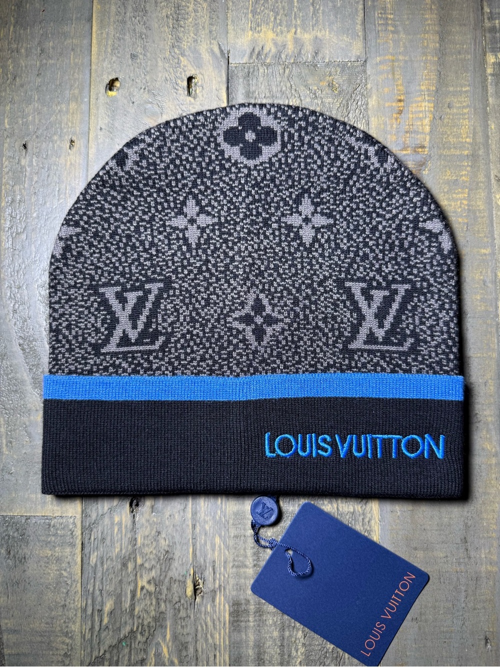 Louis Vuitton Black & Blue Jacquard Monogram Beanie